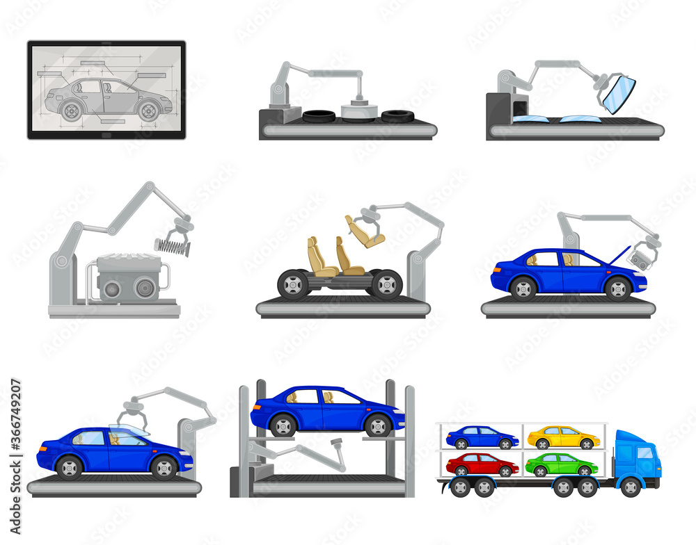 Poster car production assembly line process with industrial robots and equipment vector set