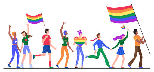 People on LGBT pride parade vector illustration. Cartoon flat lesbian gay bisexual transgender queer character group holding rainbow flag on sexual discrimination protest LGBT parade isolated on white