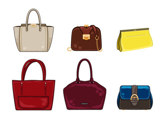 Woman color bags Designer Ladies Handbag collection. Different stylish leather and suede bags, trendy casual style handbags