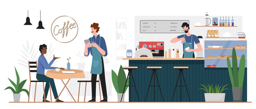 People in coffeehouse bar vector illustration. Cartoon flat man character sitting at cafe table, ordering coffee drink or food desserts from waiter, barista standing at bar counter interior background