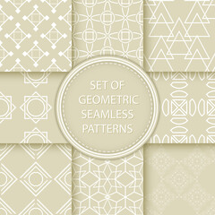 Compilation of seamless patterns. White abstract and geometric prints on olive green background