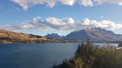 Lake Wakatipu with mountain view and clouds, located in the southwest corner of the Otago region, in the South Island of New Zealand