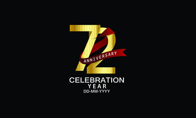 72 year anniversary red ribbon celebration logotype. anniversary logo with Red text and Spark light gold color isolated on black background, design for celebration, invitation - vector