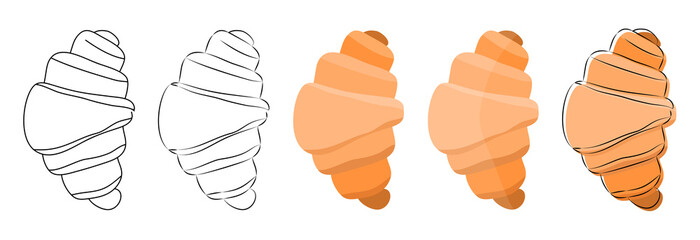 top view of french croissant in hand-drawn sketch, cartoon, flat orange and brown color, with outline style, stock vector illustration clip art objects, design element isolated on white background