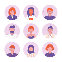 Illustration of men and women with face and shoulders. Various portraits of characters. Flat outline illustration. For social networks, user interface, UX, graphic and web design, interfaces.