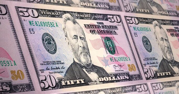 Detailed close-up footage of fifty US dollars. 4k detailed macro capture of 50 dollar. Ulysses Grant on the front side. Macro photography footage of the front side of USA banknote. Legal tender US