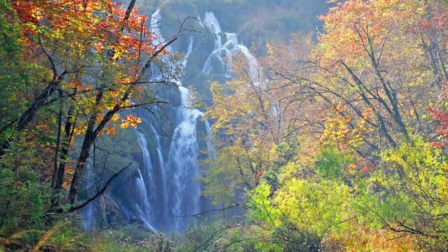 Morning view of pure water waterfall in Plitvice National Park. Amazing autumn scene of Croatia, Europe. Abandoned places of Plitvice lakes series. Full HD video (High Definition)..