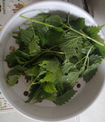 green nettle leaves on a round plate