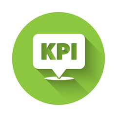 White KPI - Key performance indicator icon isolated with long shadow. Green circle button. Vector.