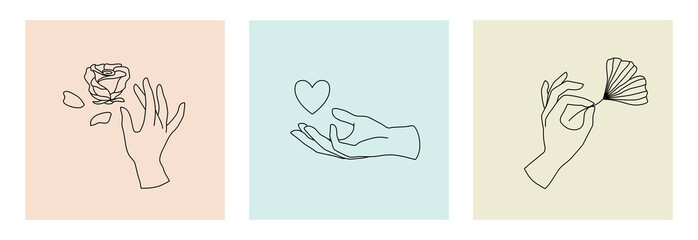 Vector set of female hand logos, icons in minimal linear style. Emblem design templates with hand gestures, rose, heart and ginko leaf for cosmetics, manicure, beauty, tattoo, spa, jewelry store