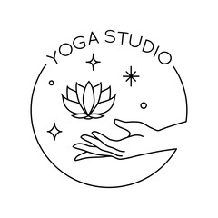 Vector abstract trendy linear logo with hand holding lotus flower and stars. Yoga emblem, label or icon isolated on white background