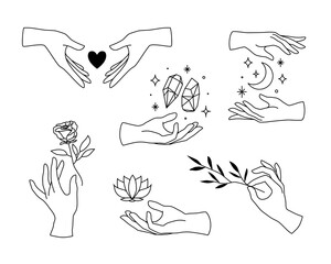 Vector set of female hand logos, icons in minimal linear style. Emblem design templates with hand gestures, rose, lotus, heart, moon and crystals for cosmetics, manicure, beauty, tattoo, jewelry store