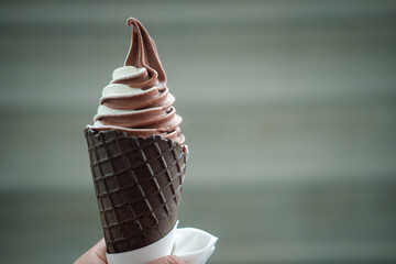 Hand holding mixed flavor soft cream in waffle