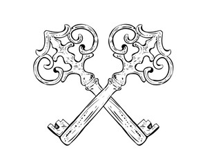 Crossed keys, vintage antique art vector logo 