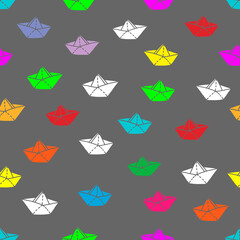 Beautiful hand-drawn colored vector illustration of group of origami paper toy boats isolated on a gray background for coloring book for children. Seamless pattern