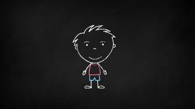 Cartoon animation of a boy with a flower on a chalkboard background