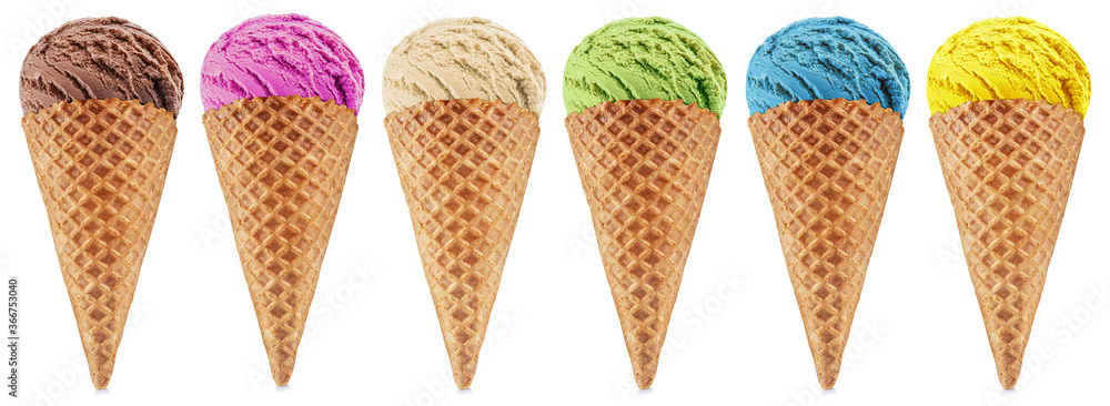 Fototapete set of various colorful ice creams in waffle cones on the white background. file contains clipping p