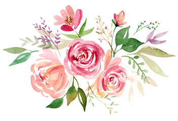 Watercolor Organic Floral Bouquet with roses and peonies