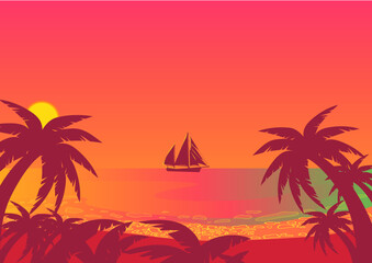 Fototapeta na wymiar vector illustration of sunset at the tropical beach with palm trees, a ship sailing to the horizon