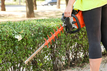 gardener trims a bush with a brush cutter