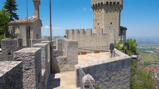 San Marino, Fratta, the second of three peaks which overlooks the city. The tower is located on the highest of Monte Titano's summits. The tower is to honor Saint Marinus.