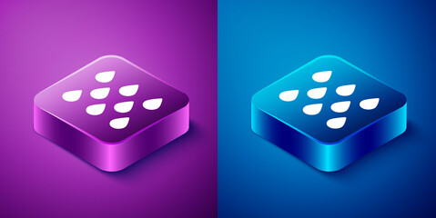 Isometric Water drop icon isolated on blue and purple background. Square button. Vector.