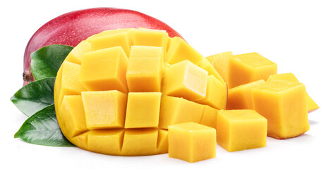 Mango fruit with mango cubes. Isolated on a white background.