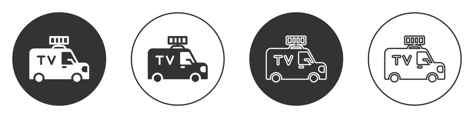 Black TV News car with equipment on the roof icon isolated on white background. Circle button. Vector.