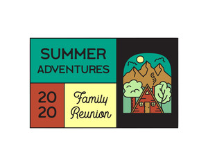 Camping adventure logo emblem illustration design. Outdoor label with cabin wood house, mountain scene and text - Summer adventures Family Reunion. Unusual linear hipster sticker. Stock vector.