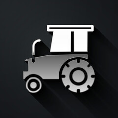 Silver Tractor icon isolated on black background. Long shadow style. Vector.