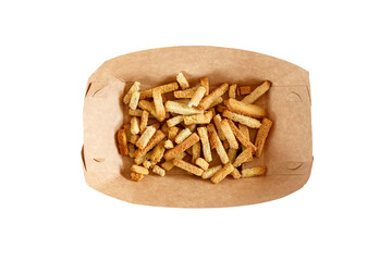 Snacks in a cardboard tray on a white background. Copy space
