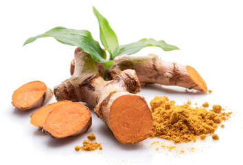 Fresh turmeric rhizome and turmeric powder isolated on white background.