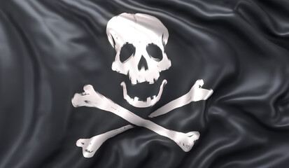 Fototapeta premium Black pirate flag with skull and crossbones, blowing in the wind