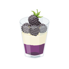 Dessert with blackberries in a glass. Blackberry jelly, whipped cream and berries. Vector illustration.