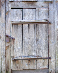 Old wooden door of an abandoned house or barn. Weathered old tree. Vintage grunge background.