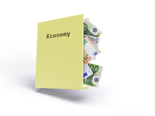 Economy book with money euro. Fun, modern background for back to school or business. Illustration 3d
