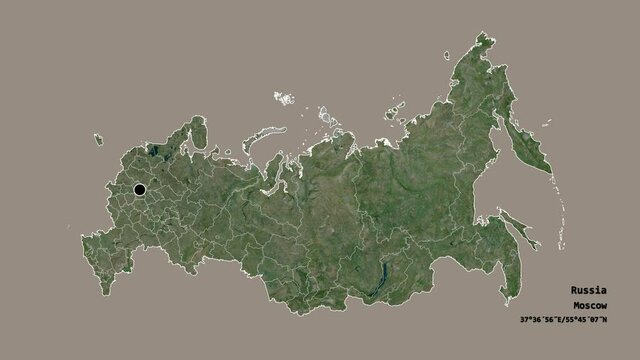 Tula, region of Russia, with its capital, localized, outlined and zoomed with informative overlays on a satellite map in the Stereographic projection. Animation 3D