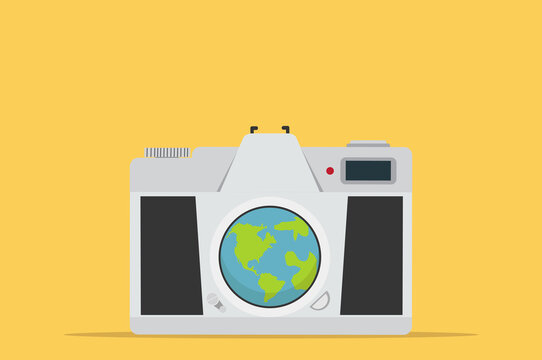 Retro camera  with world map on yellow background