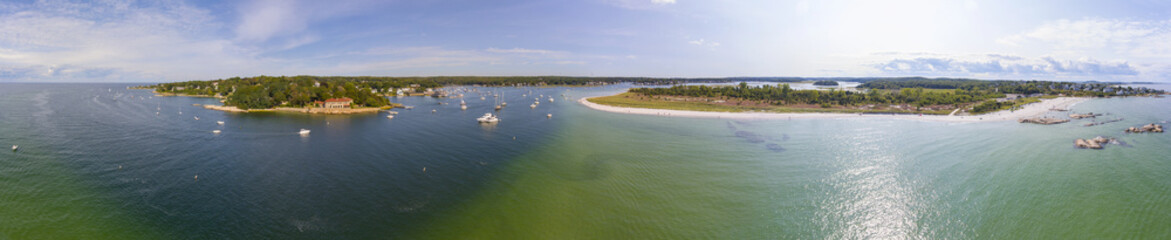 Wingaersheek Beach and village of Annisquam aerial view panorama in Gloucester, Cape Ann, Massachusetts, MA, USA.