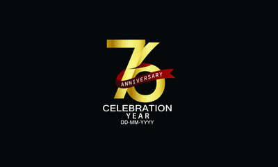 76 year anniversary red ribbon celebration logotype. anniversary logo with Red text and Spark light gold color isolated on black background, design for celebration, invitation - vector