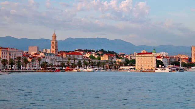 Amazing evening panorama of Split city with Diocletian palace. Picturesque summer seascape of Adriatic sea, Croatia, Europe. Beautiful world of Mediterranean countries. Full HD video (High Definition)
