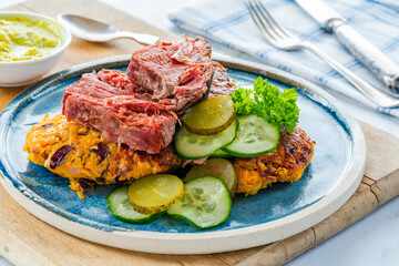 Sweet potato latkes with sald beef