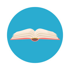 Red covered opened book  with pages fluttering icon on blue background. Vector flat illustration. Design for education or reading concept.