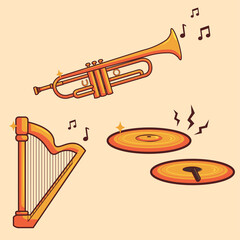 Vector Set Of Gold Music Instruments. Trumpet, Harp, And Cymbals Illustration