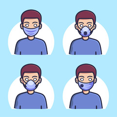 Vector Man In Different Types Of Face Masks. Flat Cartoon Style. Vector Illustration