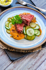 Sweet potato latkes with sald beef