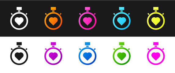 Set Heart in the center stopwatch icon isolated on black and white background. Valentines day. Vector.