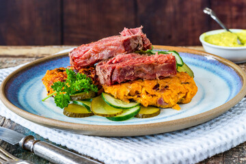Sweet potato latkes with sald beef