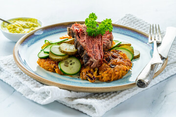 Sweet potato latkes with sald beef