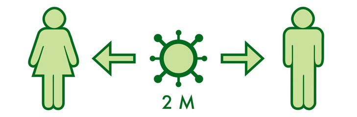 Ilustración de distanciamiento social entre hombre y mujer, con flechas verdes y coronavirus en el centro, remarcando la distancia recomendada de 2 metros